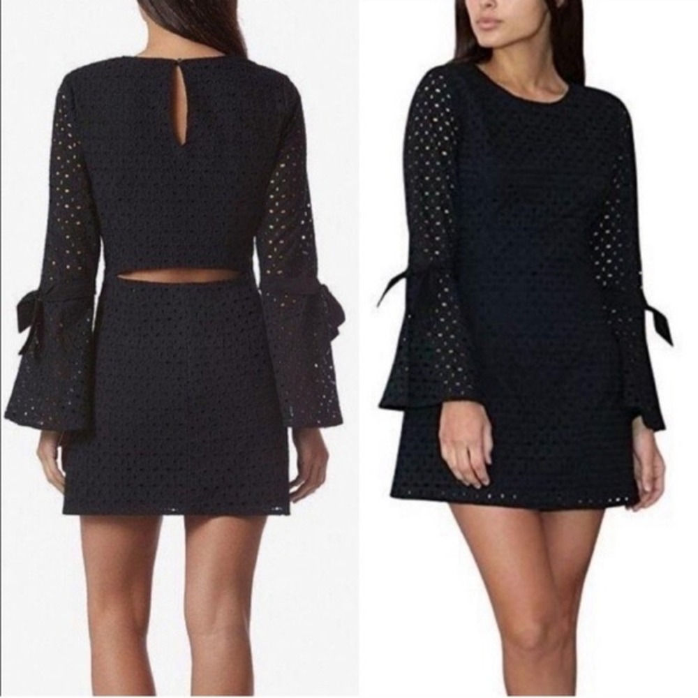 Avec Les Filles Black Eyelet Mini Dress Bell Sleeve Back Cutout CEE70062 M NEW